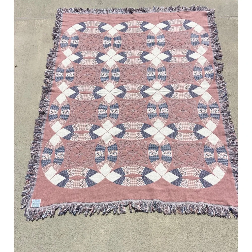 Goodwin Weavers Double Wedding Ring Woven Throw Blanket Reversible Pink Blue 70